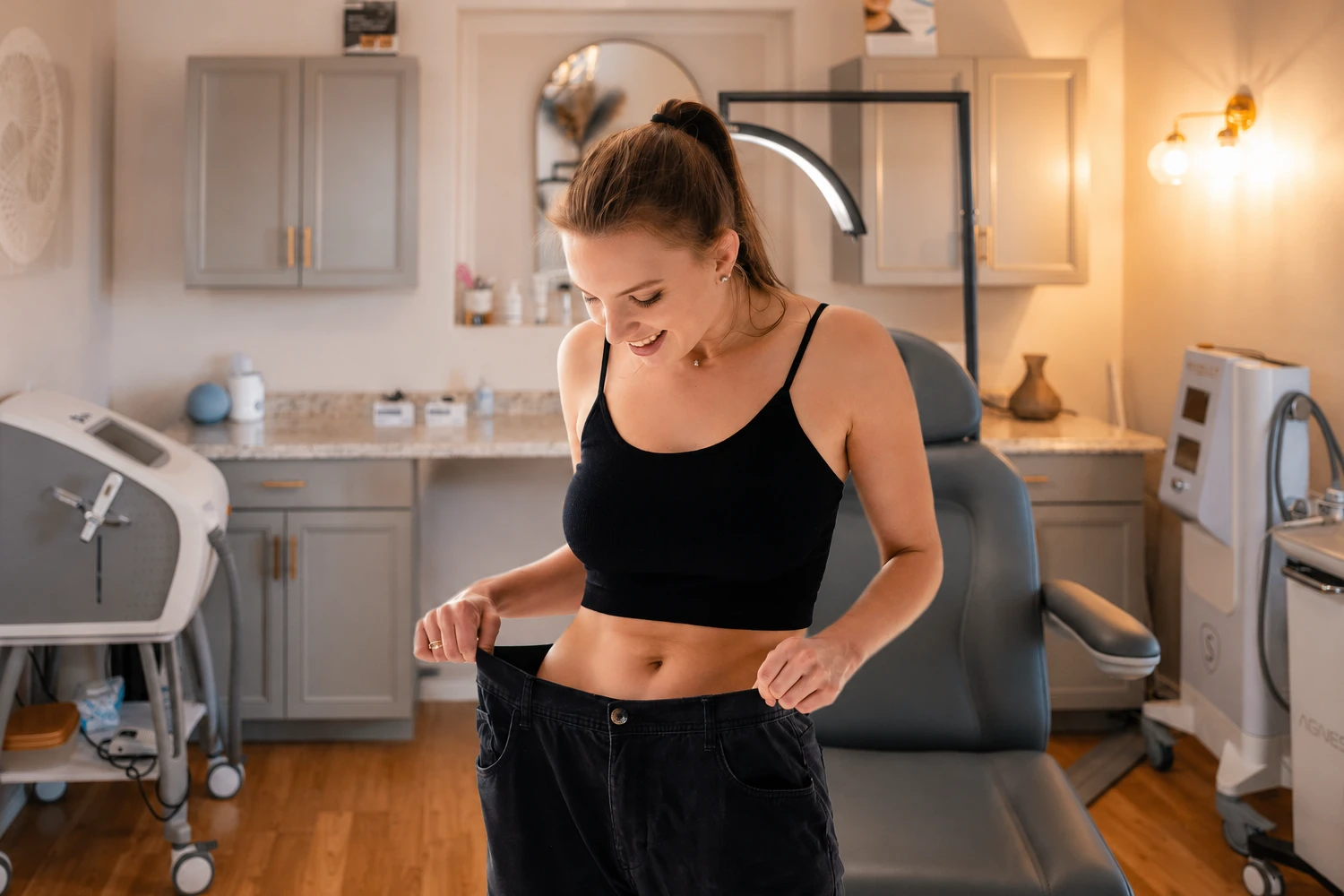 Woman smiles in amazement while holding out the waistband of loose jeans after weight loss.