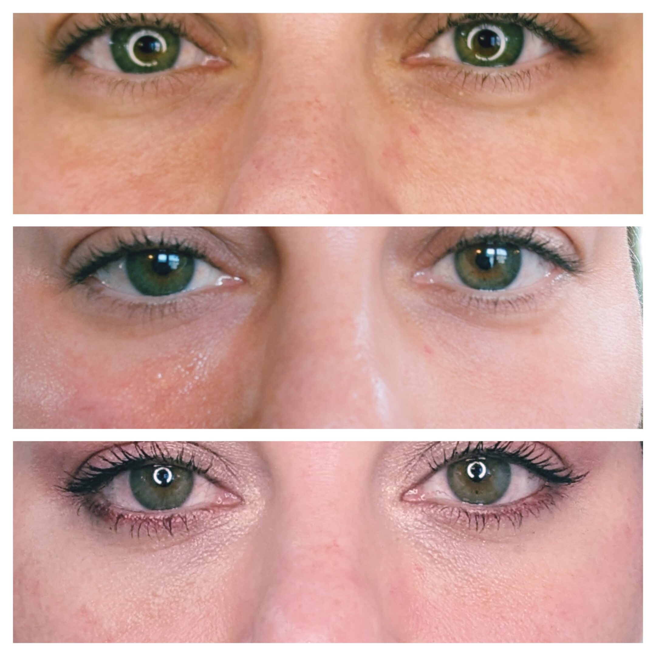 Three close-ups of eyes, before and after makeup.